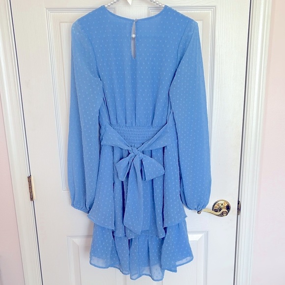 Jessica Simpson Blue Tiered Ruffle Dress Dotted V-Neck Long Sleeved Spring Prep - Picture 2 of 11
